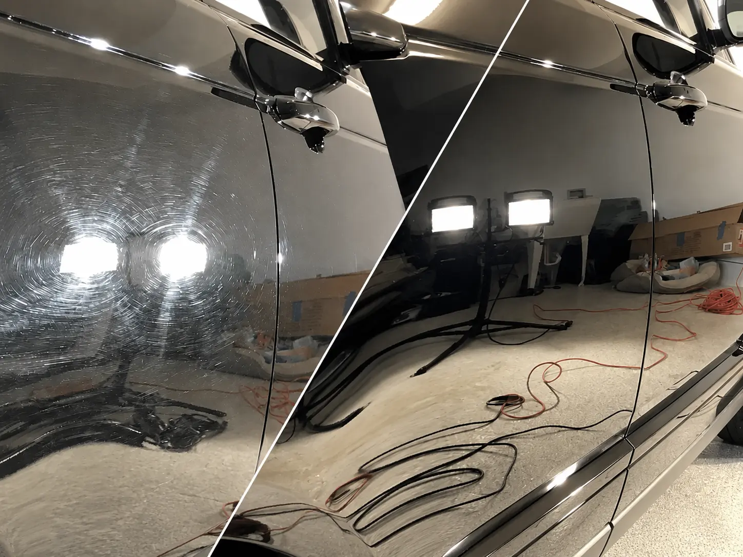 Paint correction before and after comparison showing swirl removal